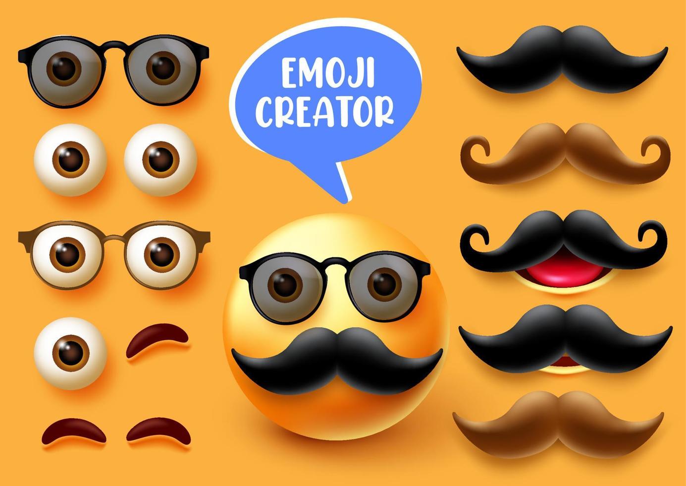 Emoji male creator vector set. Emojis 3d man character kit with face elements like eyes mouth and mustache for emoticon facial expression collection design. Vector illustration