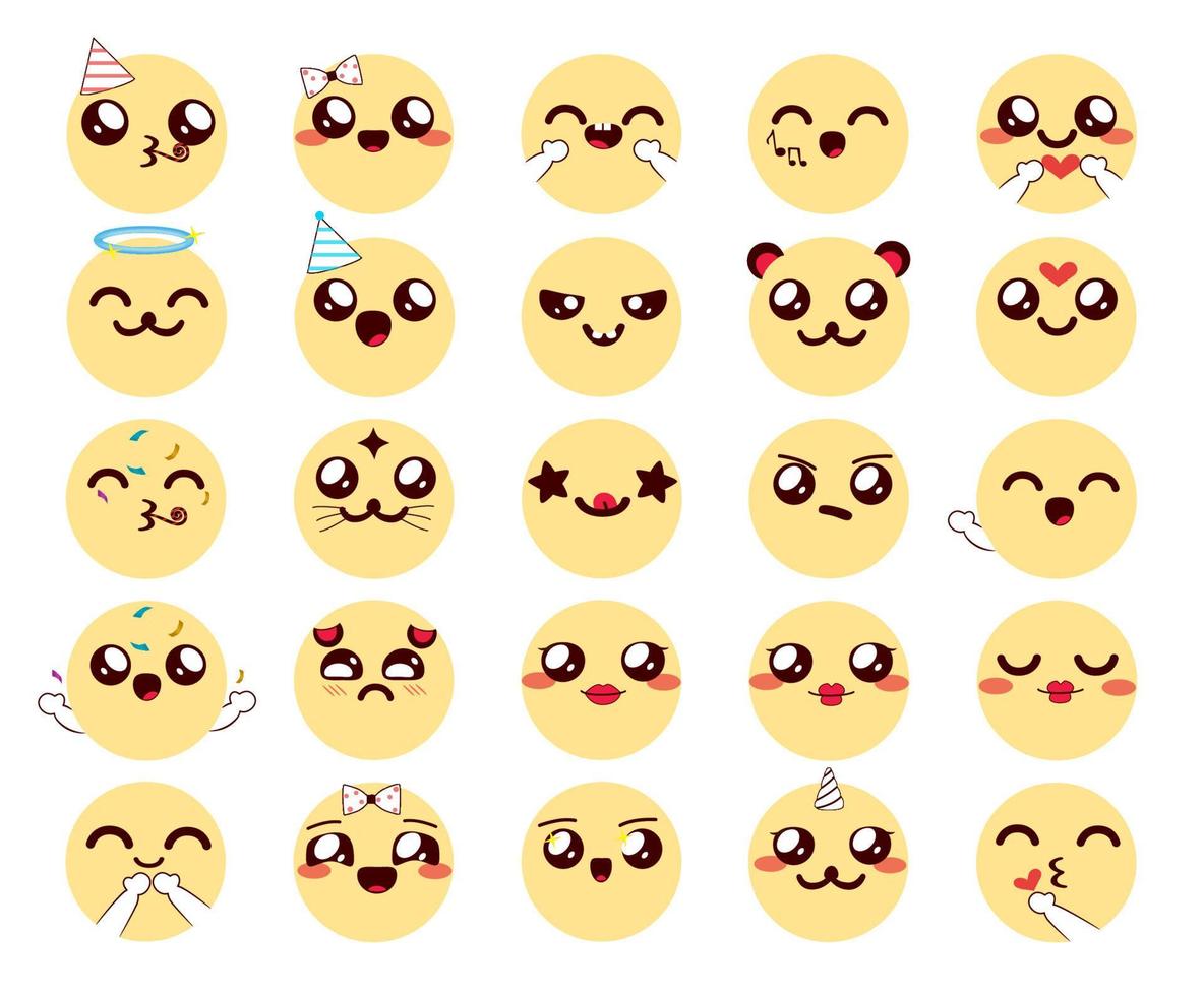 Emoji chibi characters vector set. Kawaii emojis collection with cute facial expressions in yellow faces for friendly cartoon emoticon design. Vector illustration.