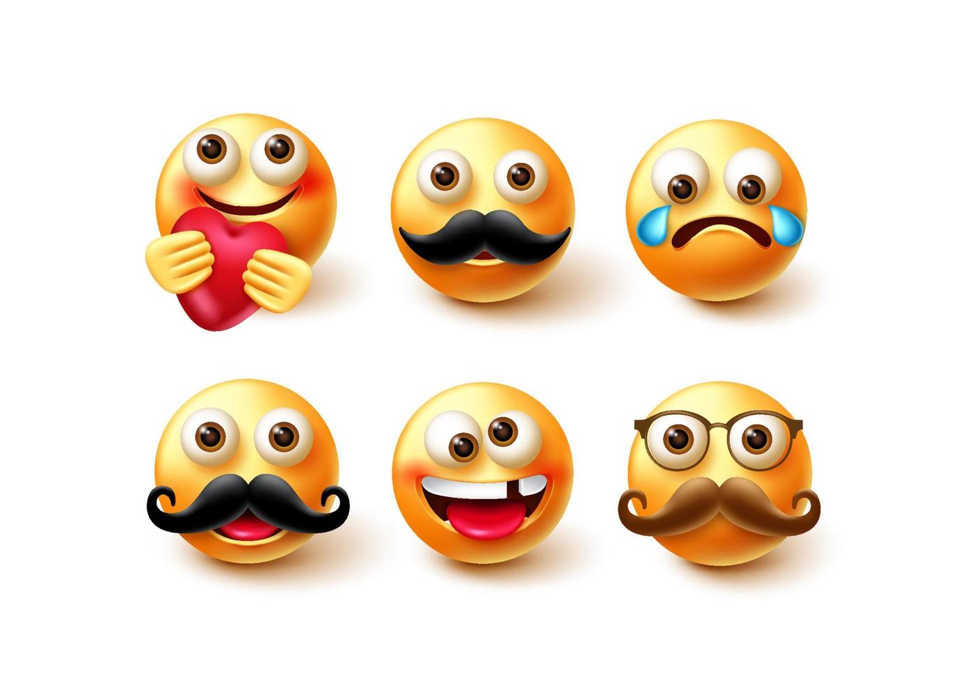 Emoji vector character set. Emoticon 3d characters in happy and crying emotion with elements like moustache and heart for emoticons design collection. Vector illustration