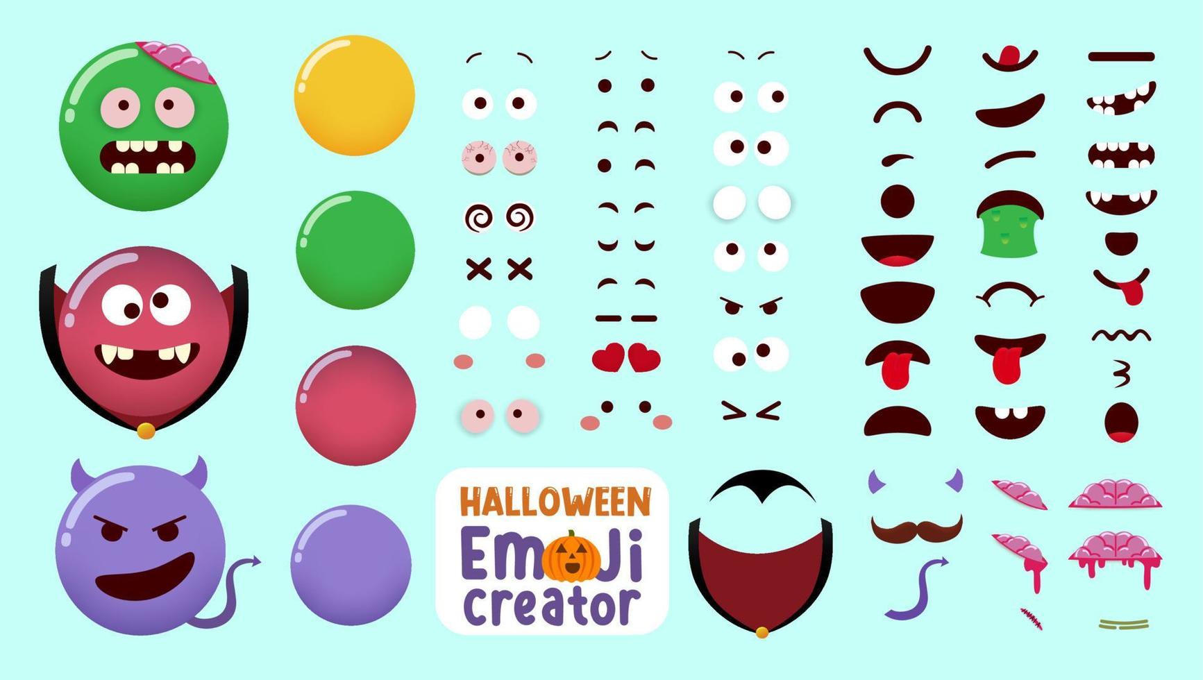Halloween emoji vector creator kit. Emojis character set in zombie, vampire and devil monster costume with editable face parts for horror characters emoticon design. Vector illustration.