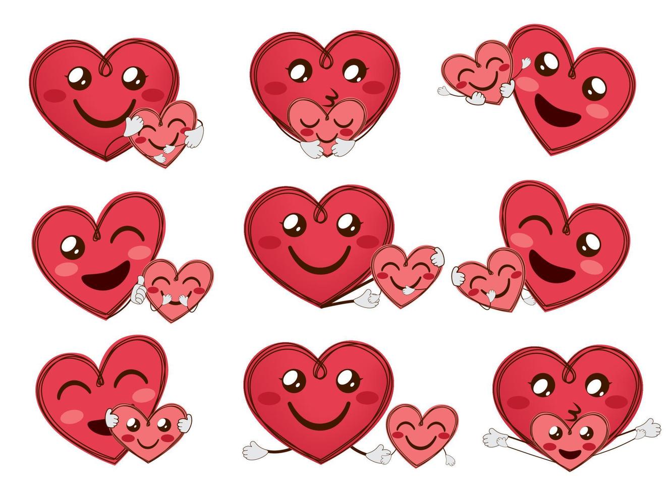 Emoji mother and kid characters vector set. Emoticon mom heart shape characters with happy child for mothers day and valentines love character collection design. Vector illustration.