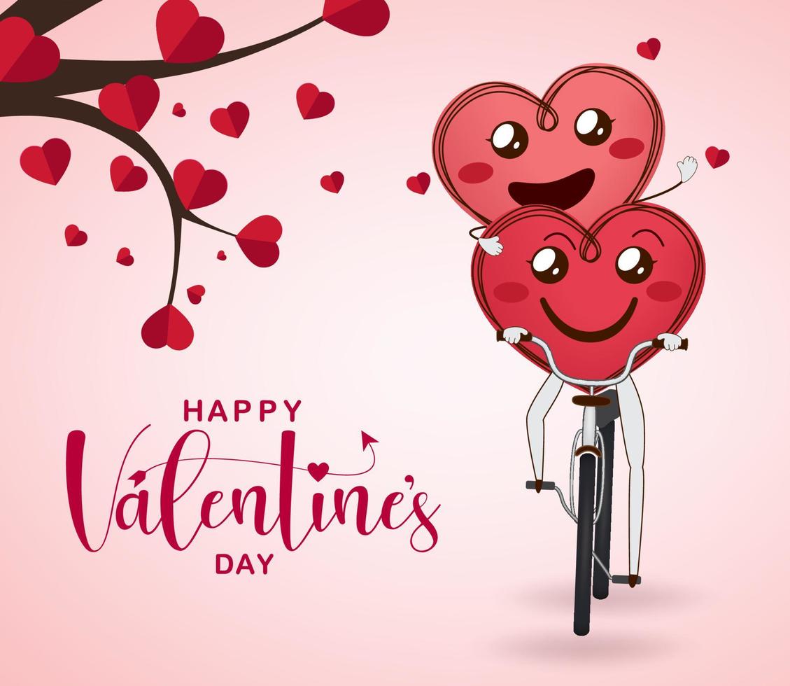 San Valentín pareja saludo diseño vectorial. Feliz día de San Valentín texto de tipografía con emoticon de amantes del corazón montando bicicleta elemento para la tarjeta de celebración del día de corazones románticos. ilustración vectorial. vector