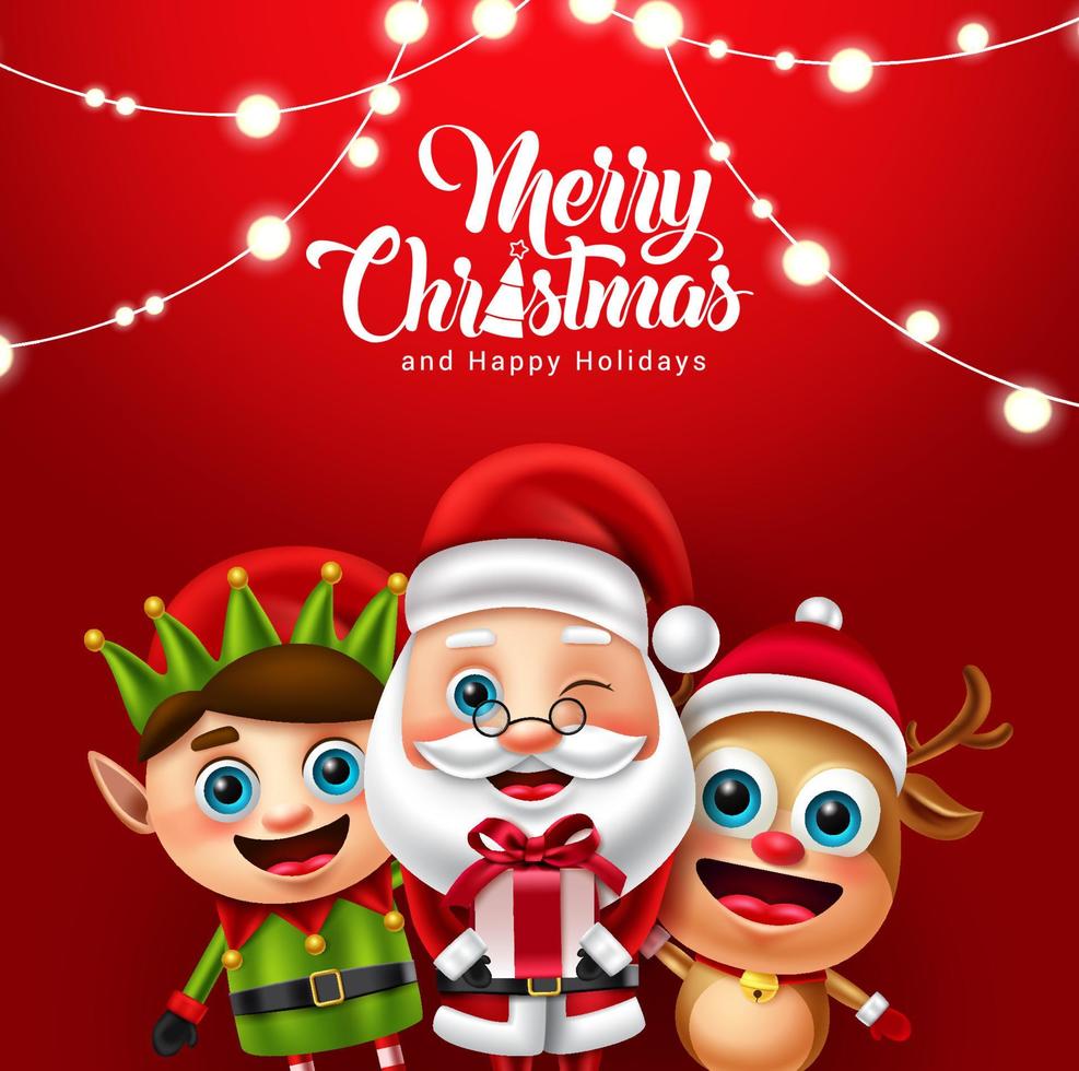 Christmas character vector design. Merry christmas text with reindeer, elf and santa claus characters holding gift for xmas holiday background. Vector illustration.