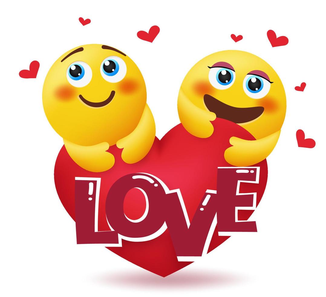 Diseño de concepto de vector de San Valentín emoji. texto de amor con carácter de amantes de emojis con expresión de cara linda y enamorada para el emoticon de pareja del día de San Valentín. ilustración vectorial.