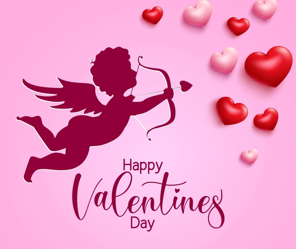 Diseño de fondo de vector de Cupido de San Valentín. texto de feliz día de san valentín con corte de papel de personaje de cupido y forma de corazones 3d para el diseño romántico de tarjetas de felicitación de san valentín. ilustración vectorial