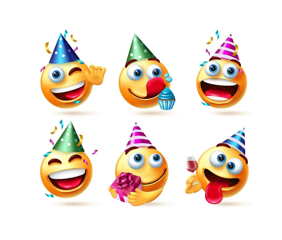 Emoji birthday vector set. Emoticon emojis in party hats with gift, cupcake and confetti celebration elements for birth day happy and funny character collection design. Vector illustration