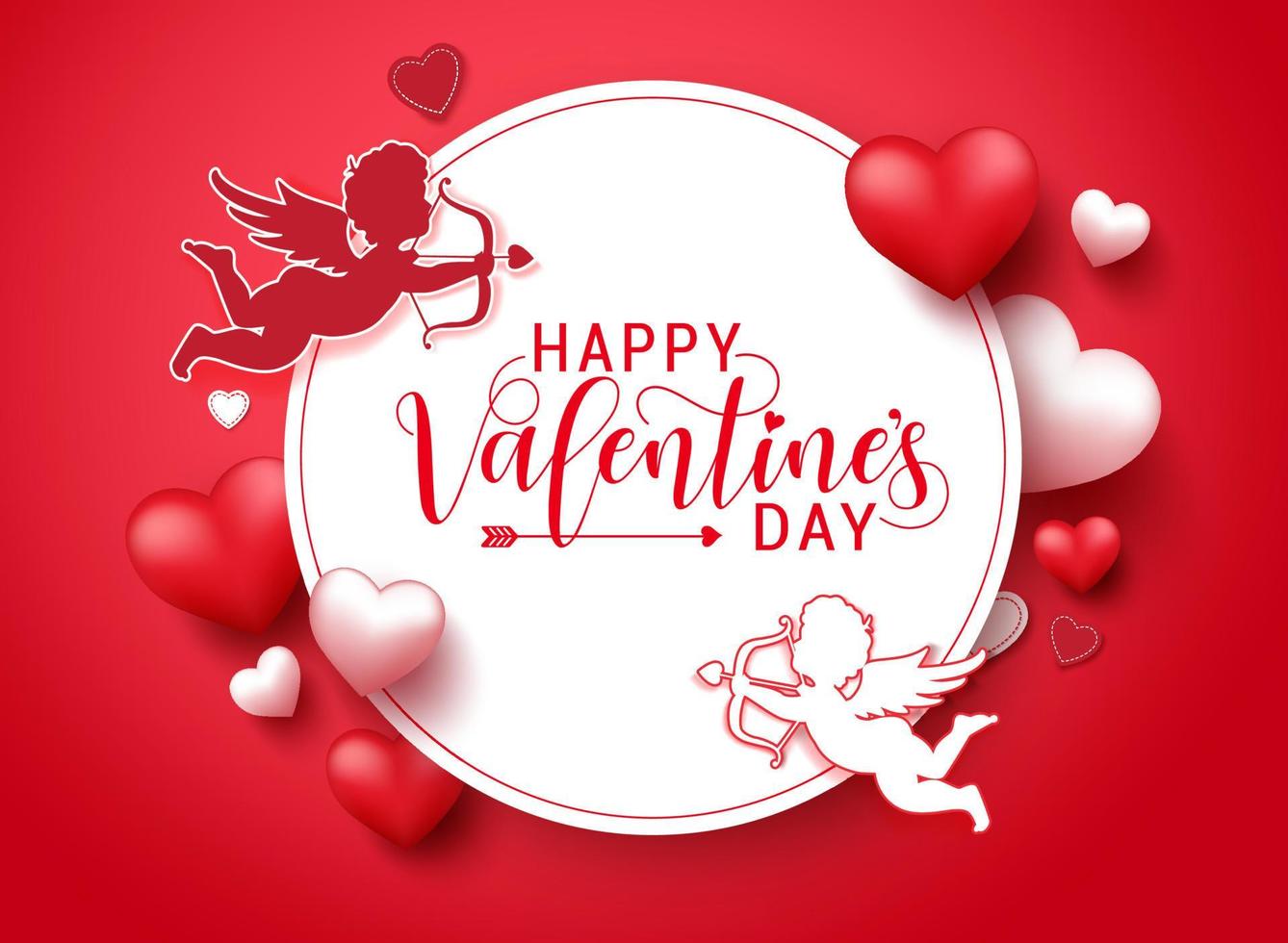 plantilla de vector de San Valentín. Feliz día de San Valentín tipografía en el espacio del círculo blanco para texto y mensajes con elementos de San Valentín de Cupido y corazón en fondo rojo. ilustración vectorial.