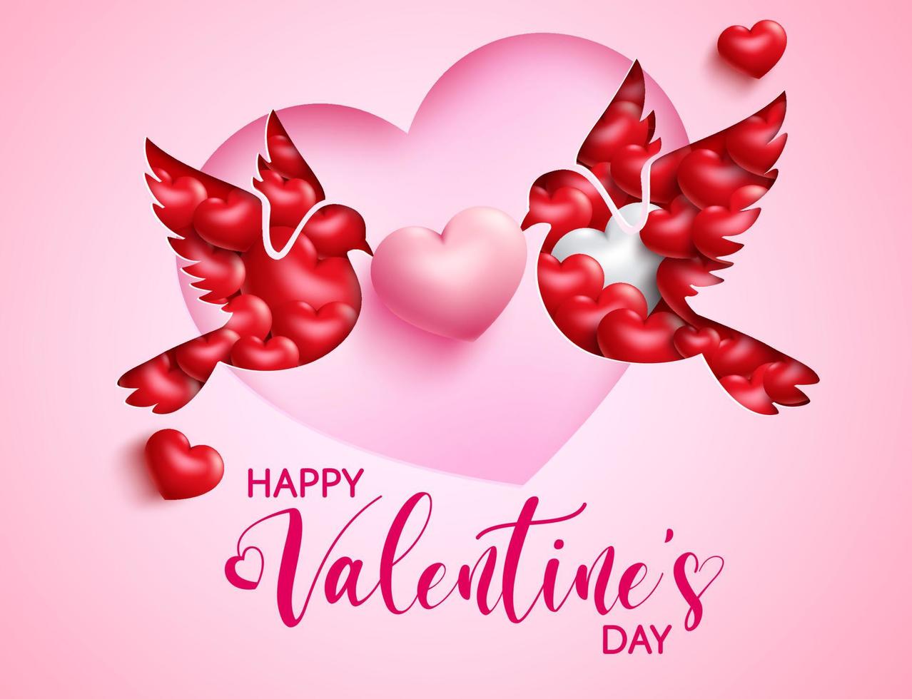 Valentine's dove vector background design. Happy valentine's day text with couple doves paper cut and 3d hearts for romantic valentine lovers greeting design. Vector illustration