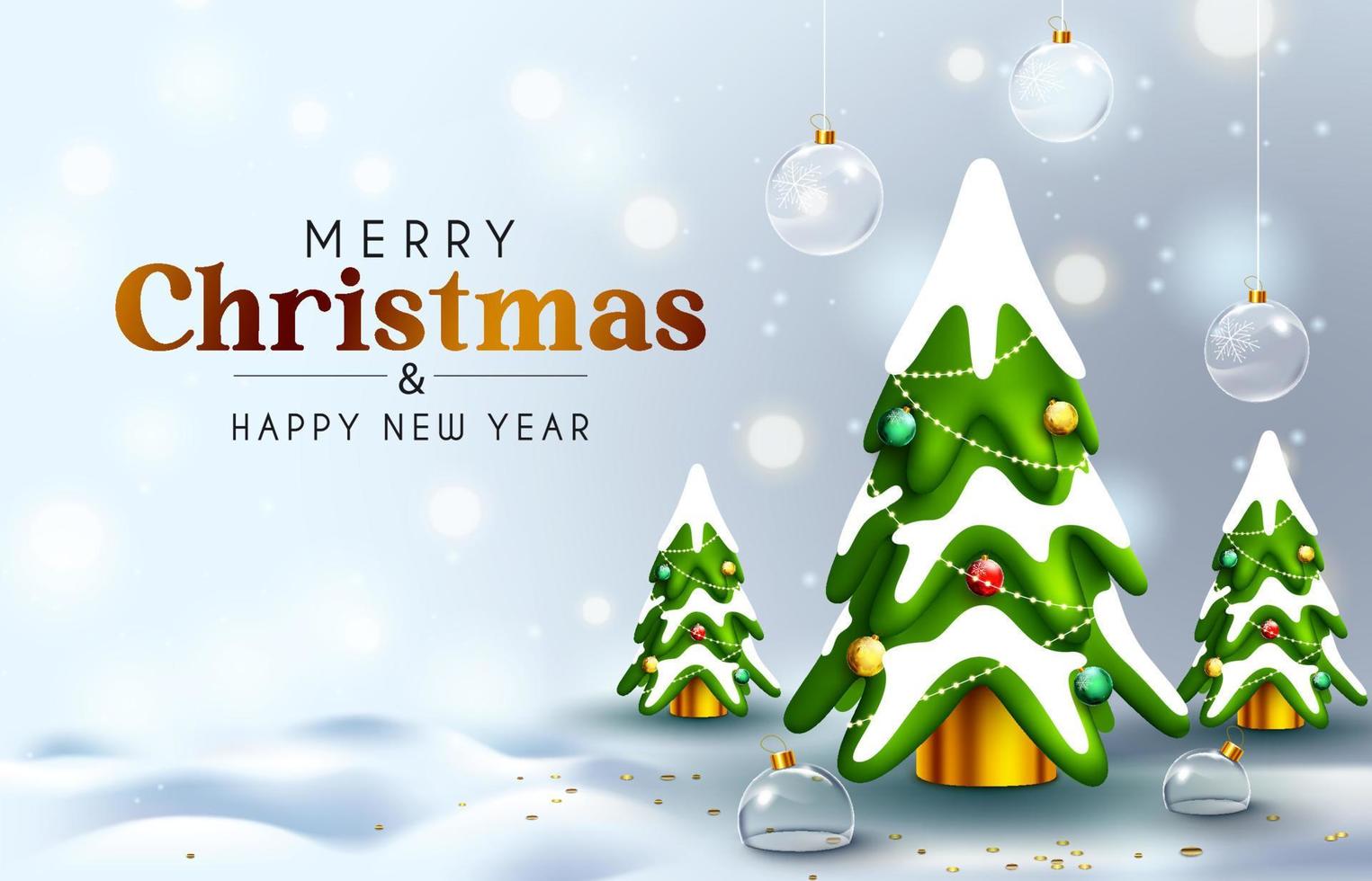 Merry christmas vector background design. Merry christmas greeting text with hanging crystal balls and xmas tree miniature elements for holiday celebration decoration. Vector illustration