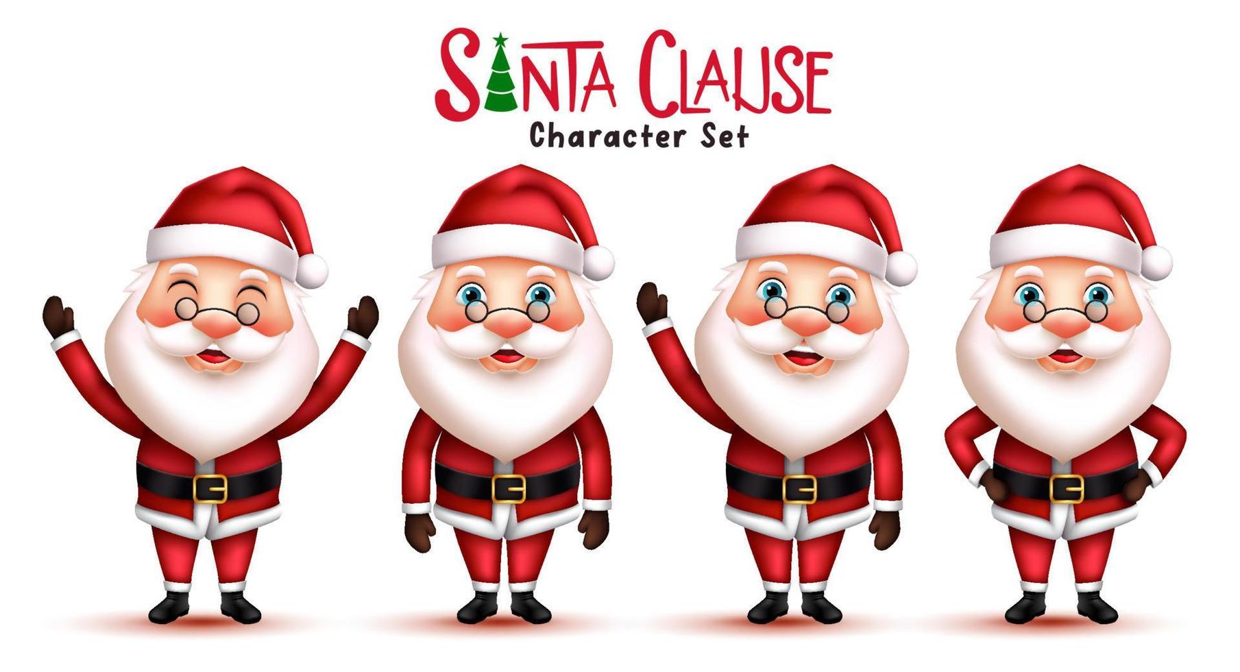 conjunto de vectores de caracteres navideños de santa claus. santa claus personajes 3d en pose y gestos de pie y saludando con expresión facial sonriente para la colección de la temporada navideña. ilustración vectorial