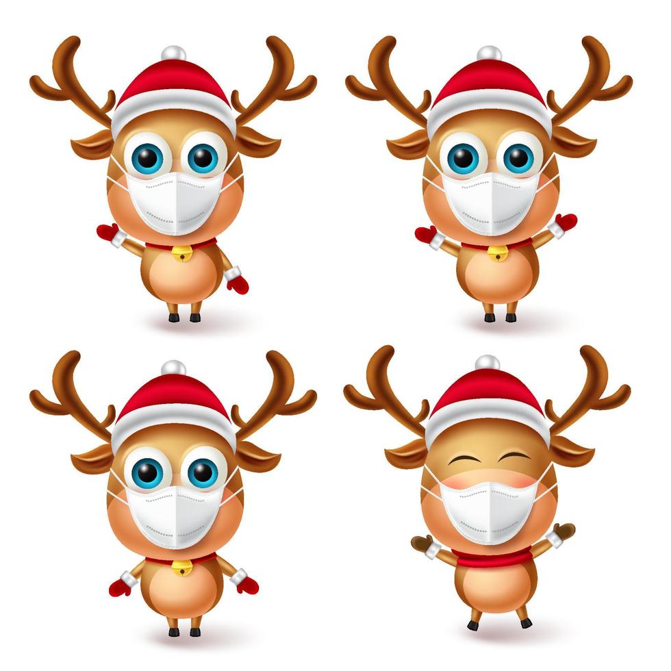 Conjunto de vectores de caracteres navideños de renos. Personajes de la colección de renos con máscara facial para la campaña covid-19 para el nuevo diseño de elementos navideños normales. ilustración vectorial.