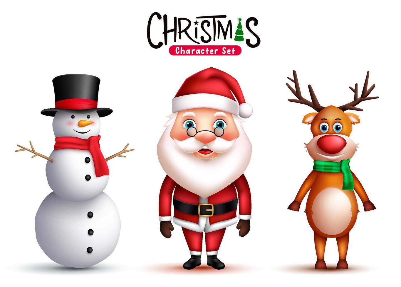 Christmas character vector set. Santa claus, snowman and reindeer christmas 3d characters standing with scarf and hat elements for xmas graphic design collection. Vector illustration