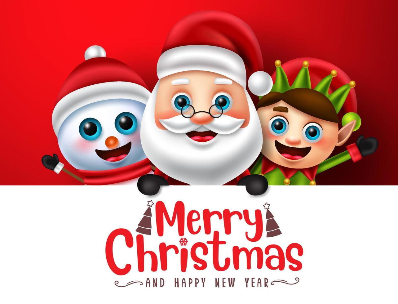Christmas characters vector template design. Merry christmas text in space for messages with santa claus, reindeer and elf character for xmas greeting card. Vector illustration.