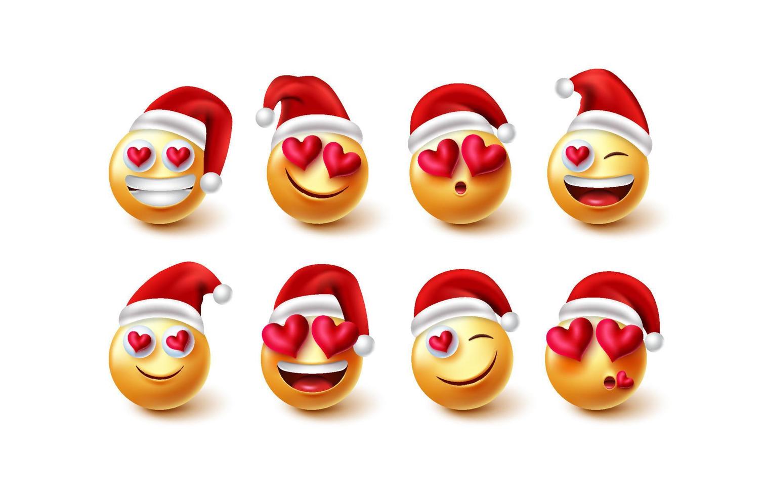 emojis enamorados conjunto de vectores de santa. Personajes navideños de emoji con expresiones faciales enamoradas aisladas en fondo blanco para un diseño encantador de colección de personajes de emoticonos navideños. ilustración vectorial.