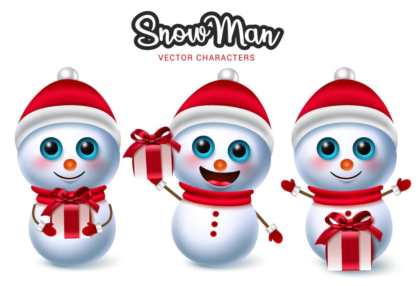 muñeco de nieve navidad personajes vector set. Hombre de nieve lindo personaje 3d en pose de obsequio y gesto para el diseño de elementos de colección de temporada de vacaciones de invierno. ilustración vectorial