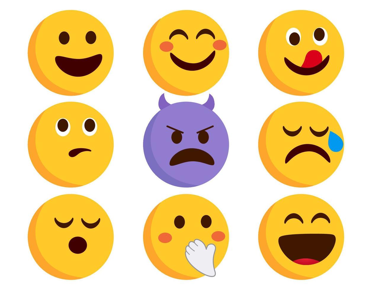 conjunto de vectores de caracteres de emoticonos emoji. emoticonos emojis planos con personajes sonrientes, diabólicos y llorando aislados en fondo blanco para la colección de expresiones faciales. ilustración vectorial.