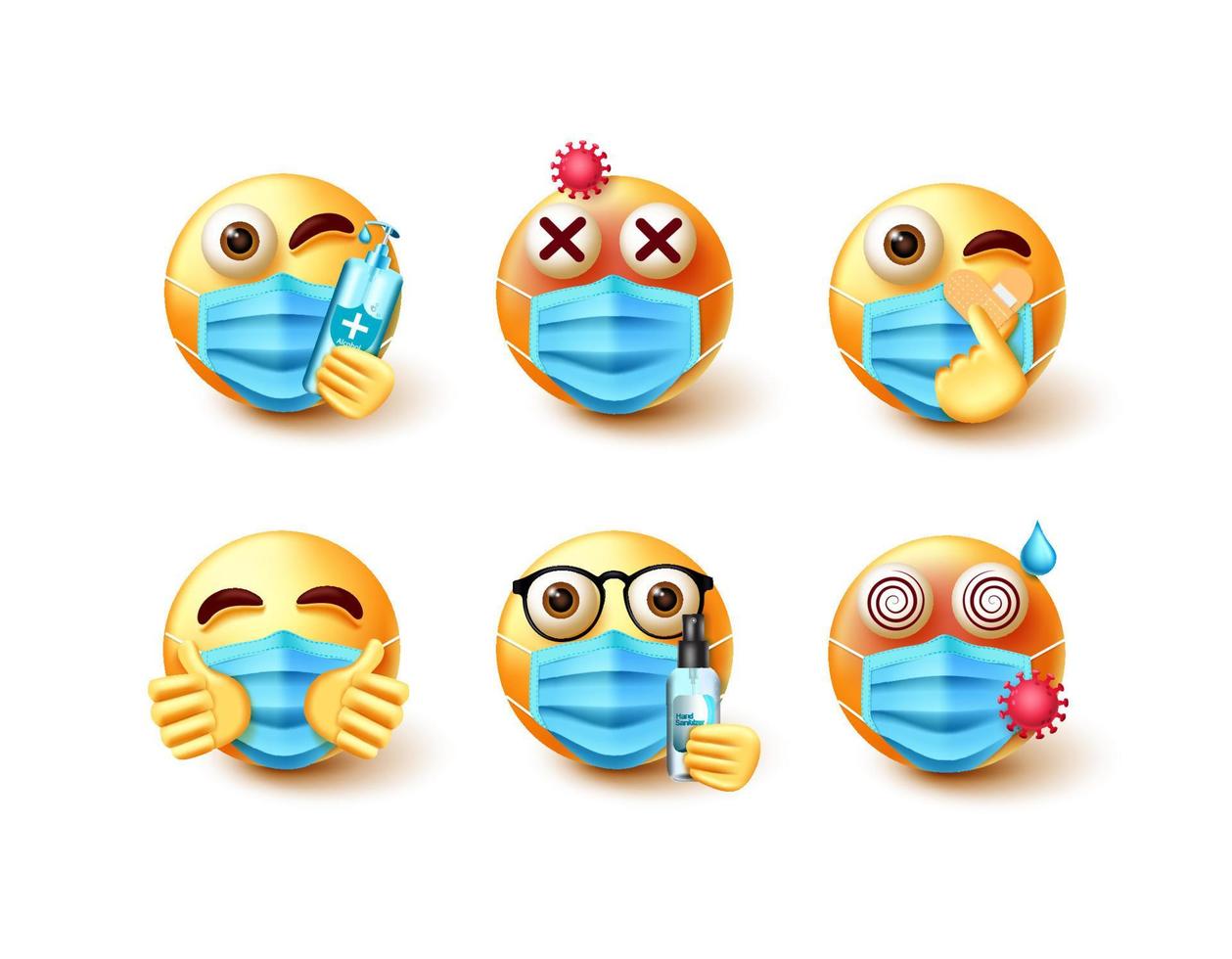 conjunto de vectores emoji covid-19. emoticonos de personajes 3d en nuevos elementos de seguridad normales como mascarillas, alcohol y desinfectante para el diseño de la colección de emojis de la campaña de seguridad. ilustración vectorial