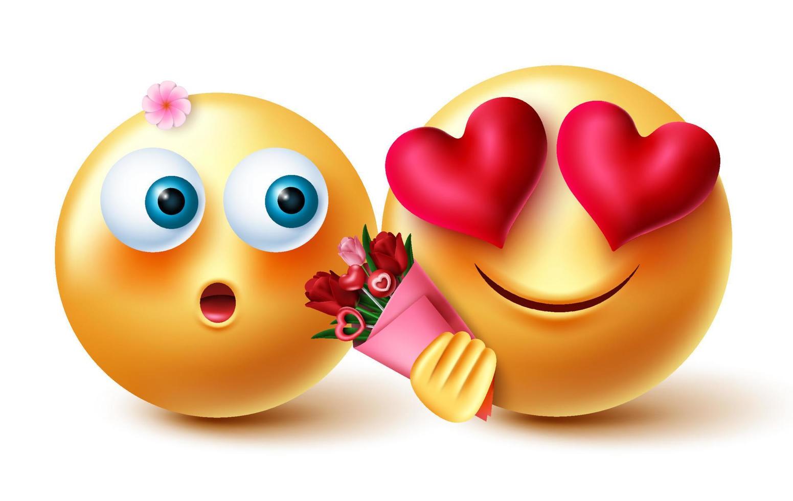 Emoji couple valentine vector concept design. 3d inlove emojis character with flower bouquet for valentine and anniversary celebration emoticons. Vector illustration.