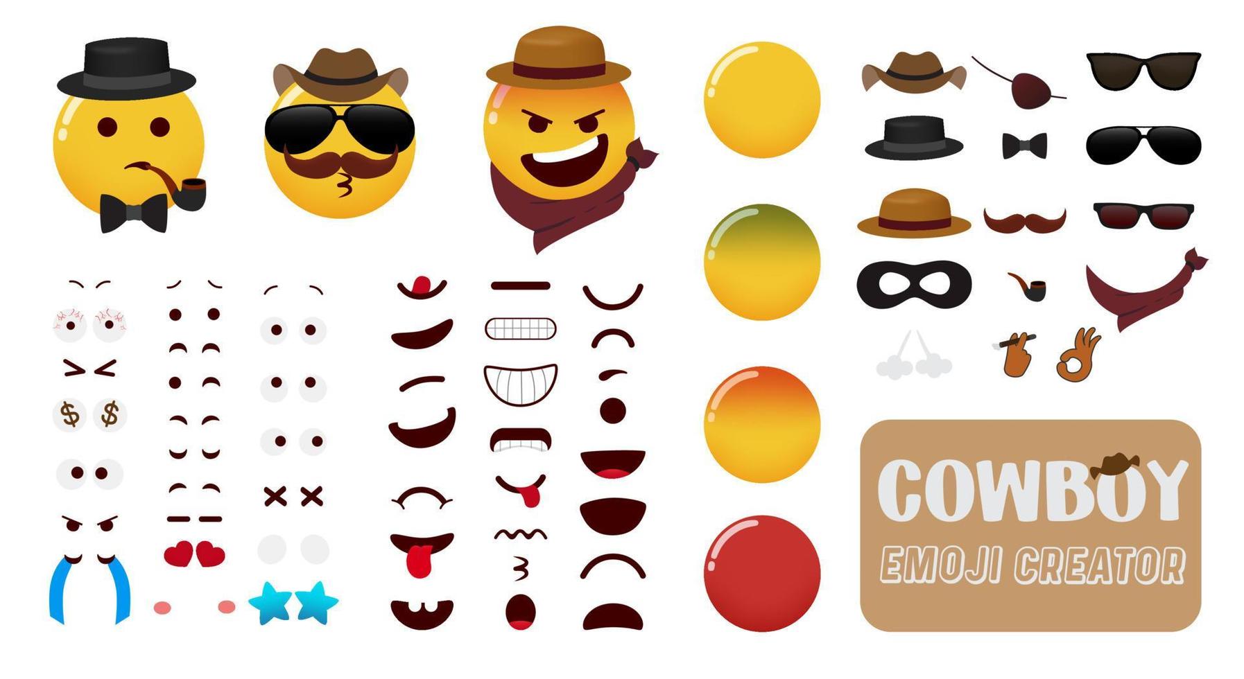 Emoji cowboy creator vector kit. Emoticons editable cowboys character set with eyes, mouth and cowboy elements for western costume emojis face creation design. Vector illustration.