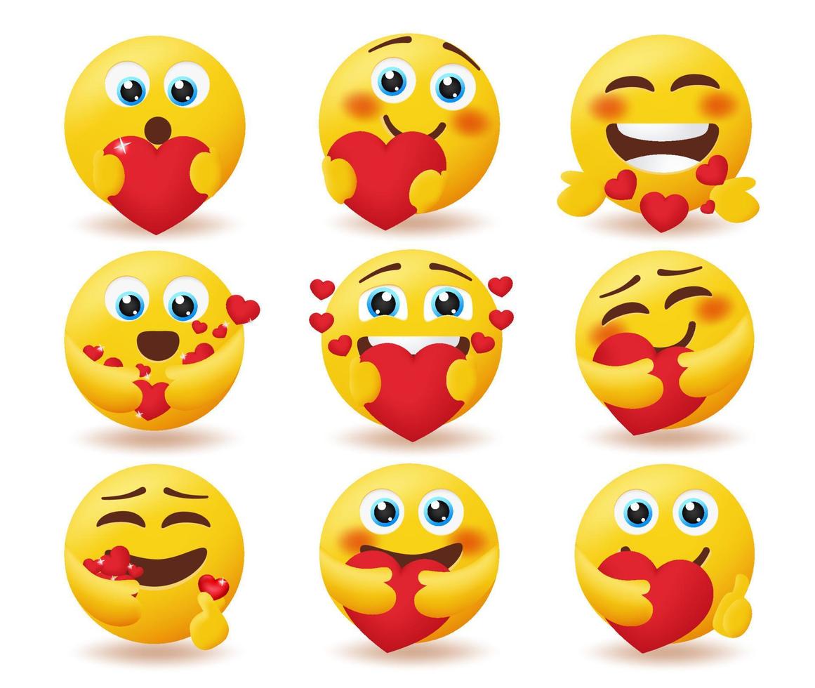 emoticon enamorado emojis vector set. Carácter de emoticonos de San  Valentín con corazones elemento de amor