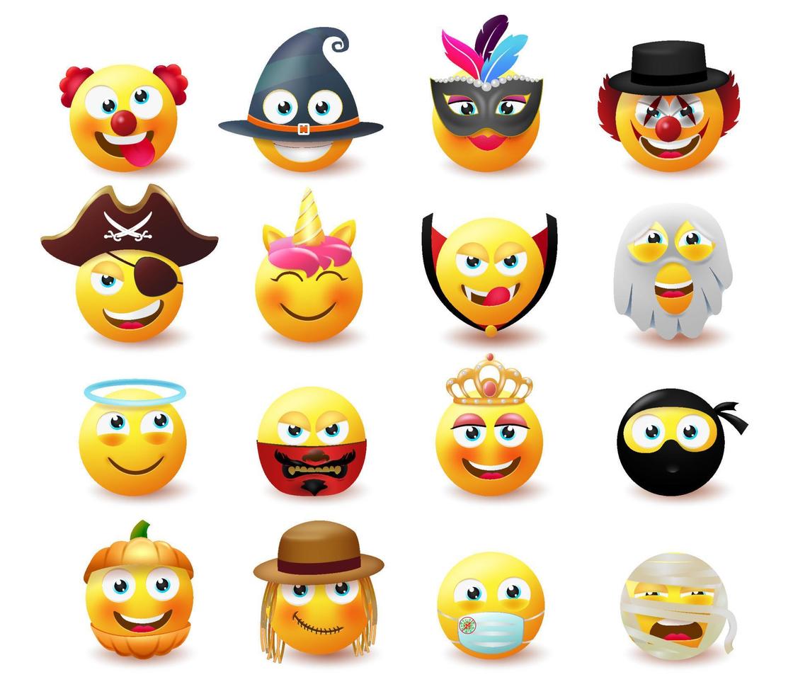 conjunto de vectores de caracteres de disfraces emoji. emoji en un lindo y aterrador diseño de fiesta de disfraces con personajes de emoticonos de máscara como payaso, bruja y fantasma para la colección de avatar. ilustración vectorial