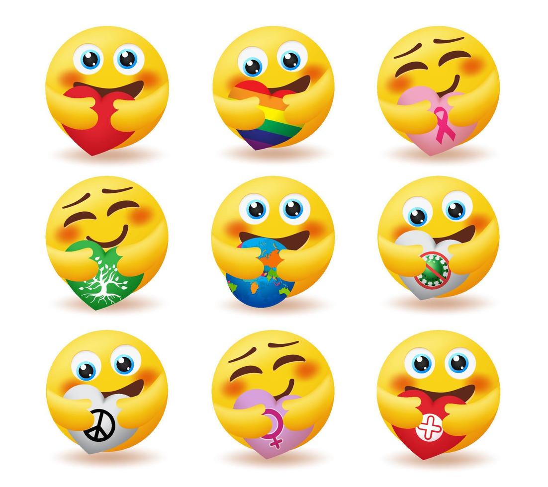 Emoji care emoticon vector set. Emoticons characters in hug pose with heart elements of world, peace and nature for emojis caring character collection design. Vector illustration.