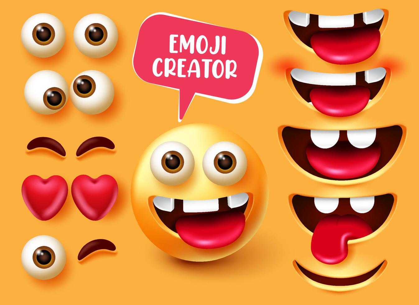 diseño de conjunto de vectores de creador de emoji. emoticon 3d en expresión facial de personaje divertido y feliz con kit editable como elementos de ojos, dientes y boca para la colección de emojis sonrientes. ilustración vectorial