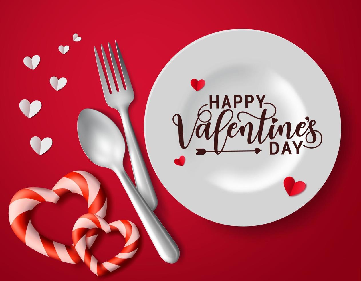 Feliz día de San Valentín concepto de vector de cita romántica. Texto de saludo de San Valentín con corazón de elementos de fecha romántica, papel de corazones cortado, cuchara, tenedor y plato blanco sobre fondo rojo. ilustración vectorial.