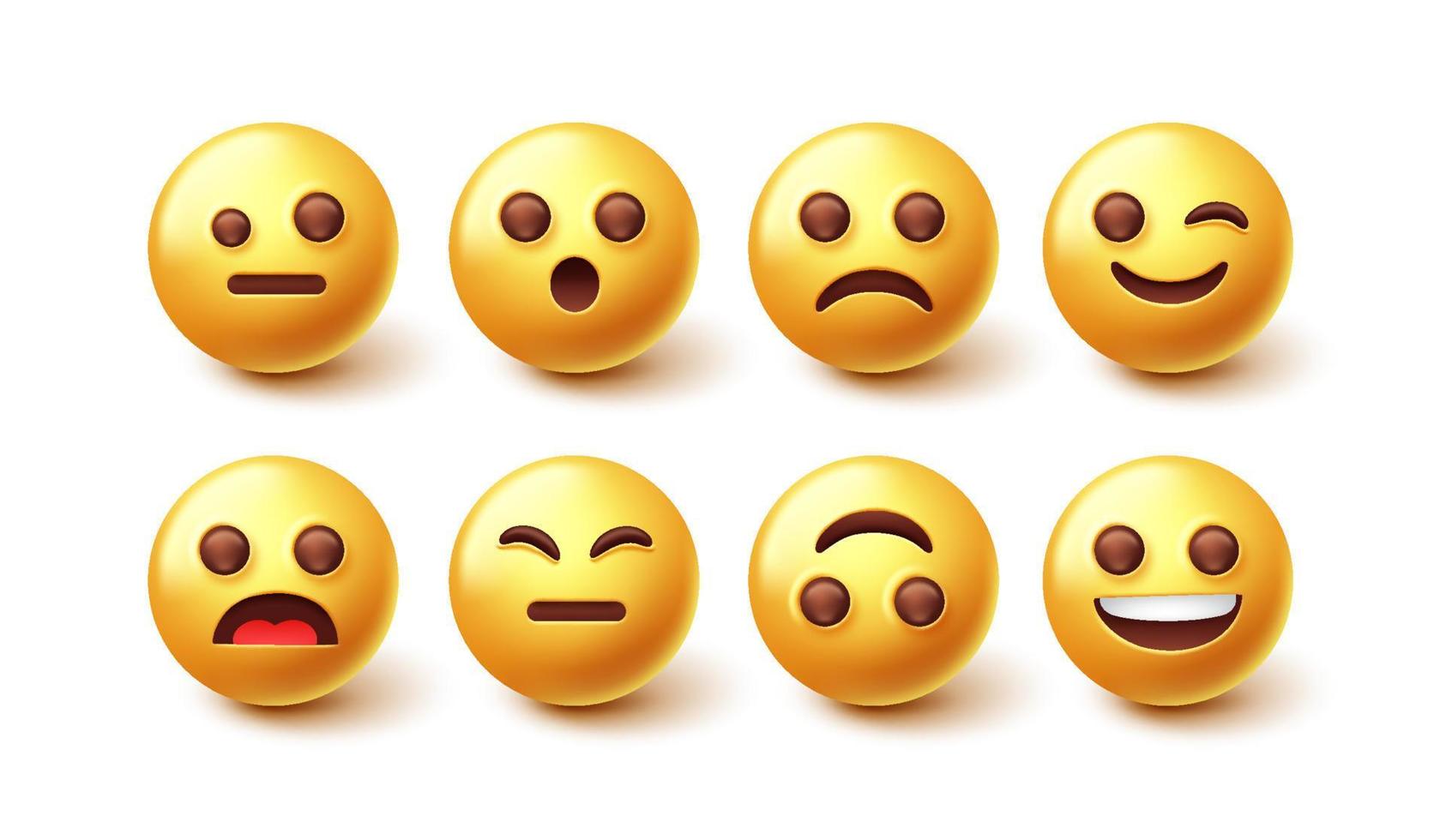 Emojis character vector set. Emoji 3d with happy, sad and upset face emotion isolated in white background for emoticon character graphic design elements. Vector illustration.