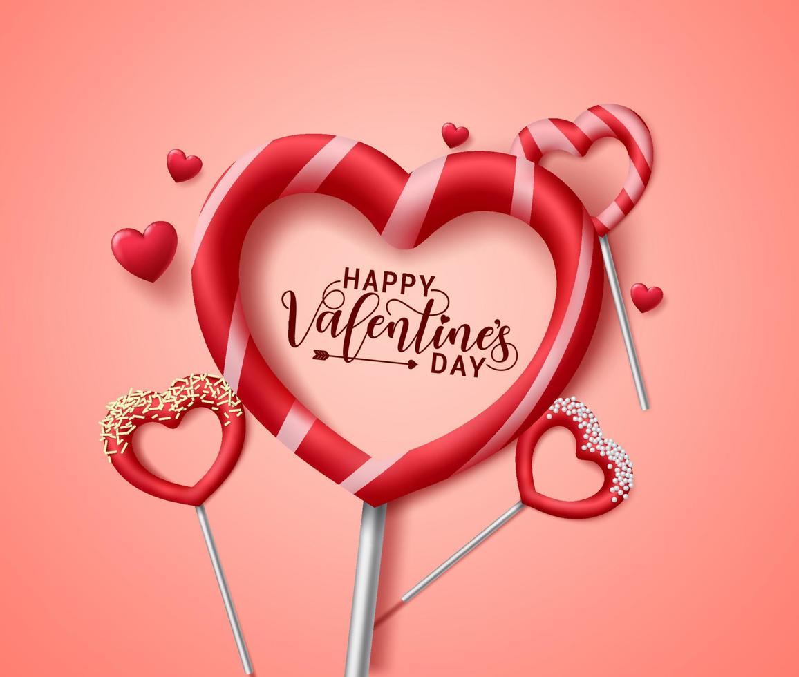 Valentine heart candies vector concept. Happy valentines day greeting text in valentines hearts shape candy lollipop element with sweet toppings decoration in red background. Vector illustration.