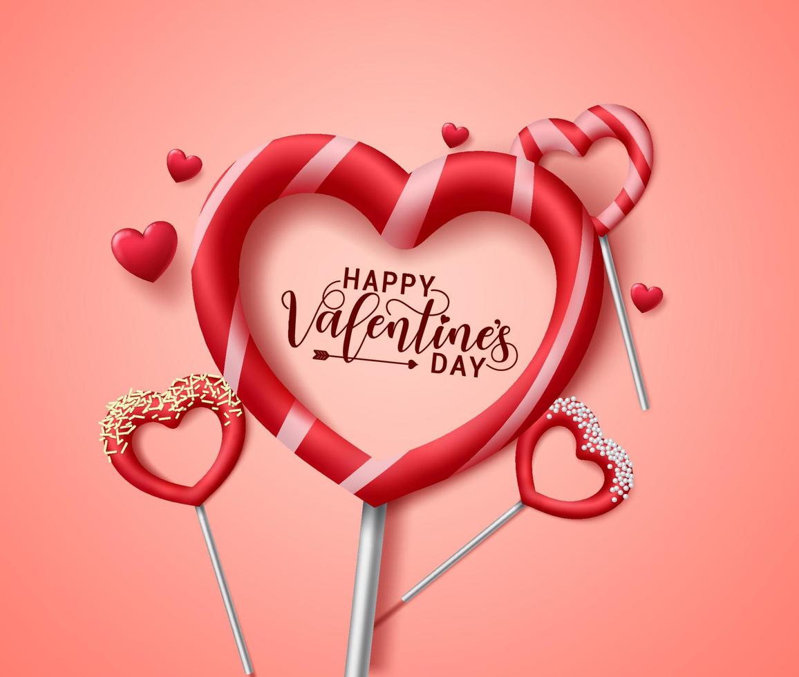 concepto de vector de caramelos de corazón de San Valentín. Feliz día de San Valentín texto de saludo en forma de corazones de San Valentín elemento de paleta de caramelo con decoración de coberturas dulces en fondo rojo. ilustración vectorial.