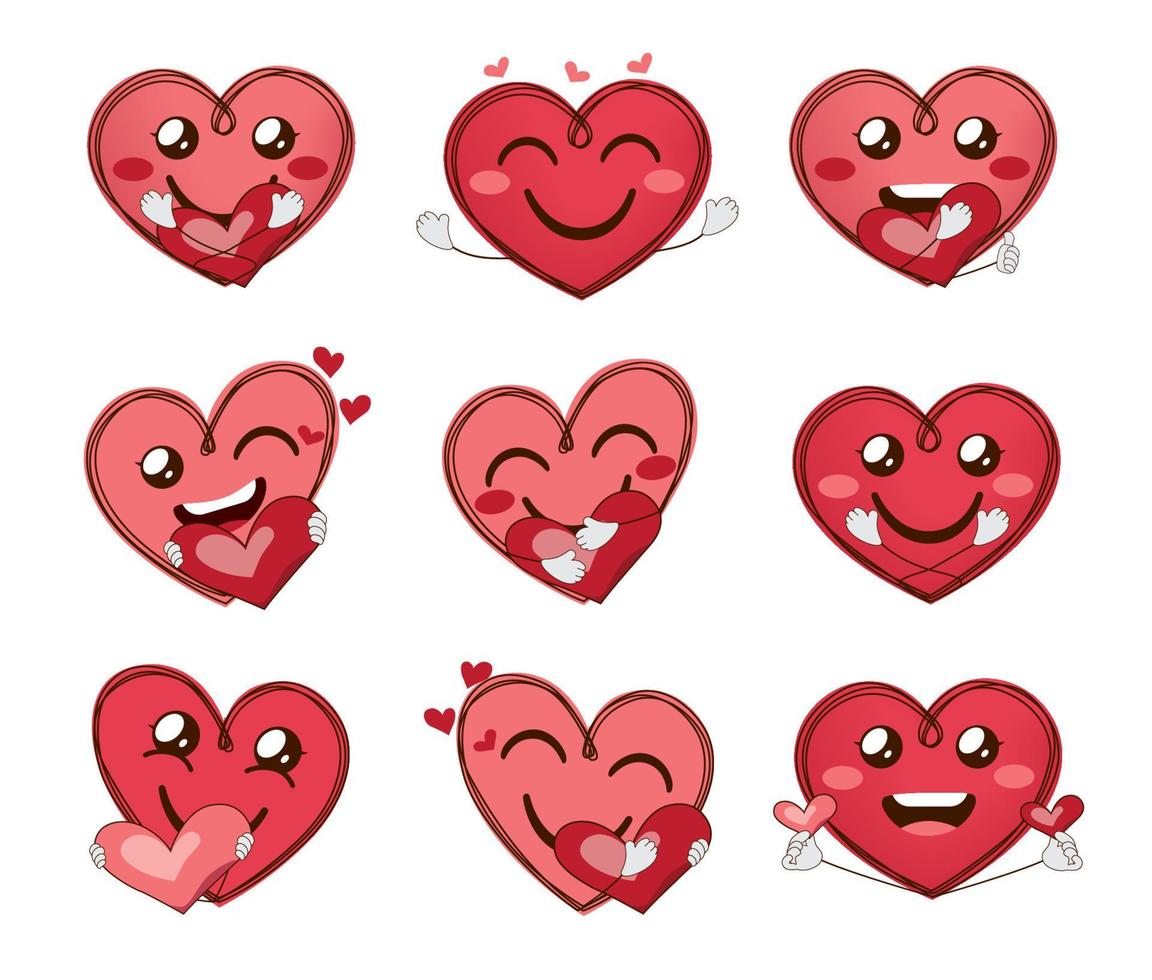 Emoji care emoticons vector set. Emojis valentines heart characters with inlove facial expressions and care hand gestures for hearts face character love collection design. Vector illustration.