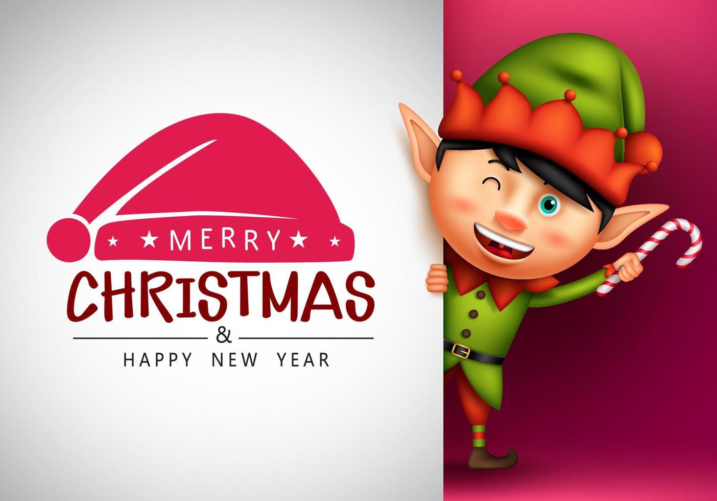 Christmas elf vector template design. Merry christmas greeting text in white empty space with cute and friendly elf kid character for xmas holiday celebration. Vector illustration.