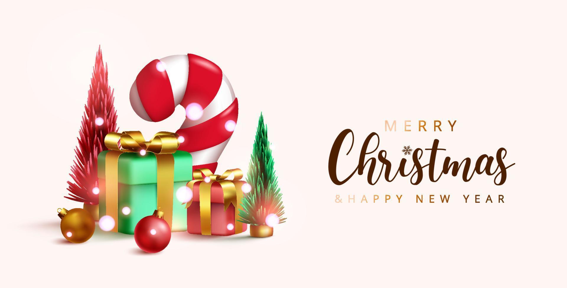 Merry christmas vector background design. Merry christmas and happy new year text with candy cane, gifts, balls and xmas trees elements for holiday season greeting card. Vector illustration