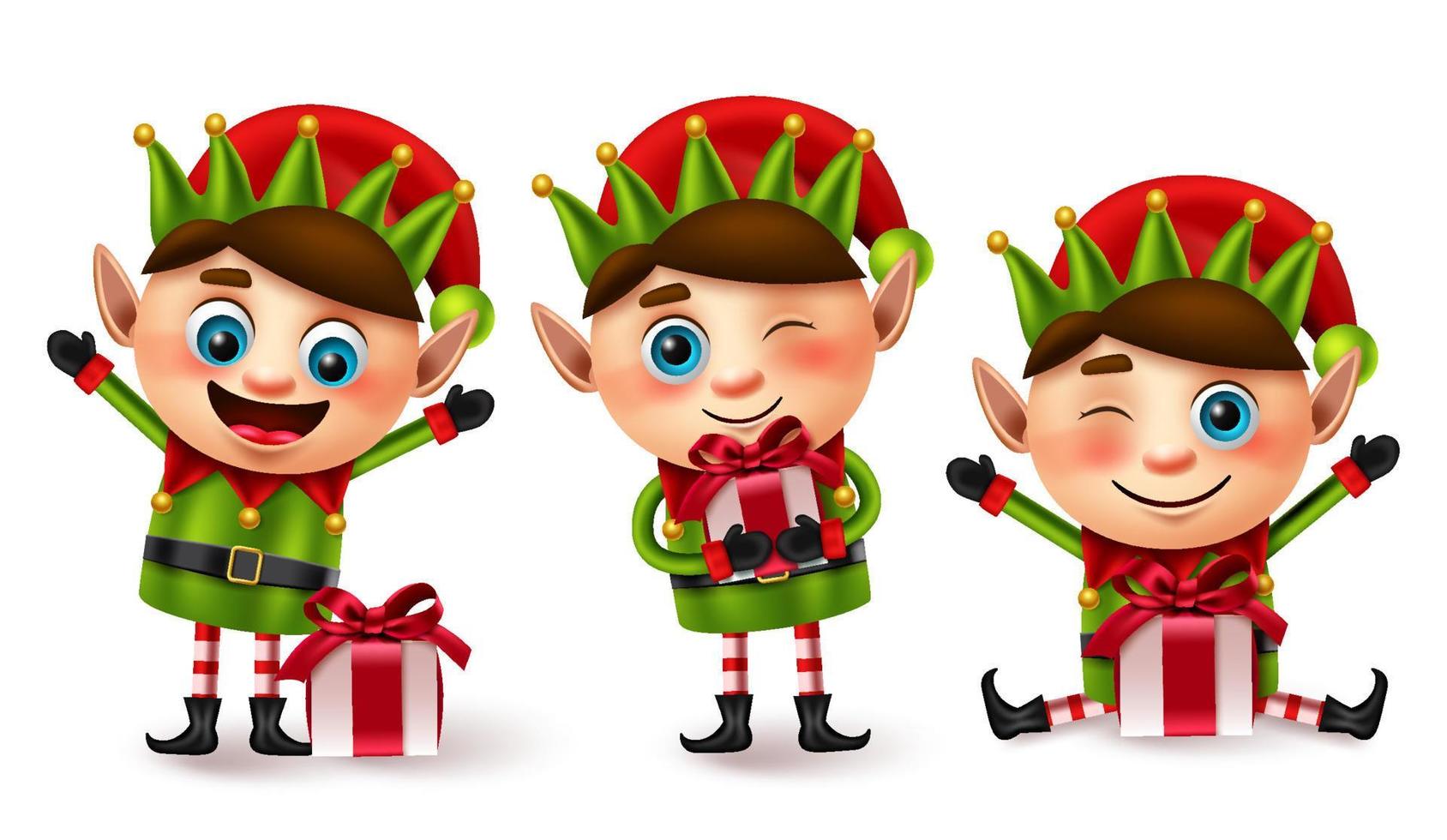 Elf christmas vector character set. Elfs little characters with gifts in surprise and thankful facial expression for xmas gift giving collection elements design. Vector illustration.