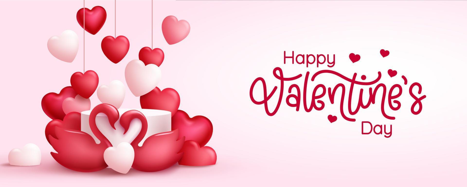 Valentines day greeting vector design. Happy valentine's day typography text with swan lovers element and hanging hearts background for romantic decoration. Vector illustration.