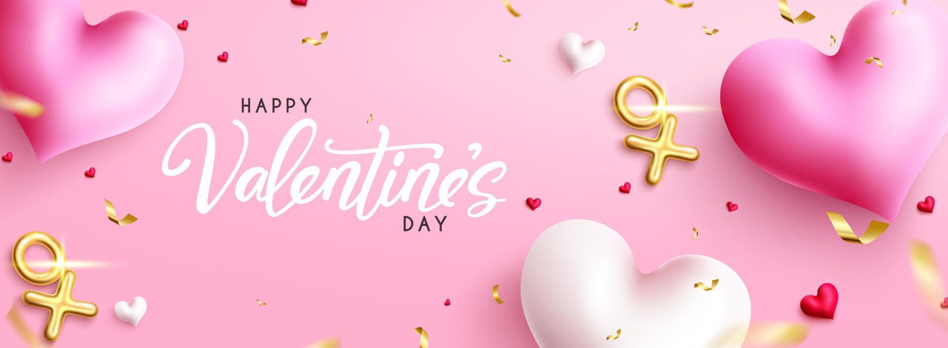 Valentine's day vector background design. Happy valentines day text with elegant confetti and hearts element in pink space for greeting messages and banner. Vector illustration.