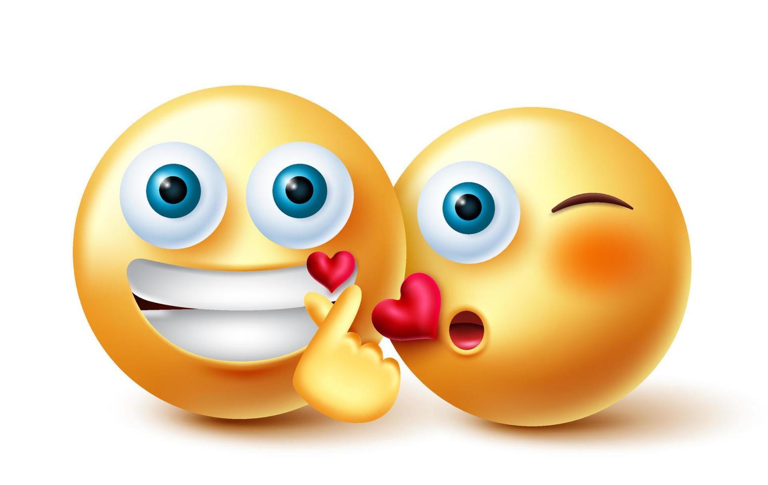 Emoji couple emoji vector design. Inlove 3d emojis characters in kissing and finger heart romantic gesture expression for valentine emoticon lovers character concept. Vector illustration.