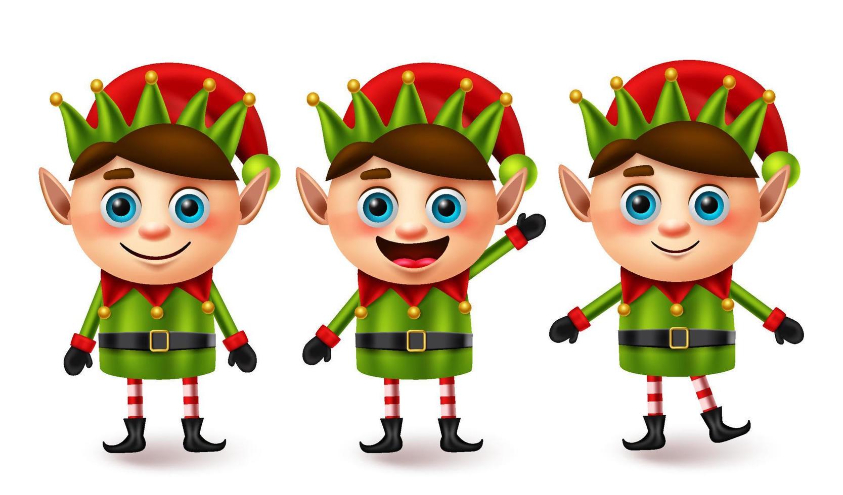 Elf christmas character vector set. Elfs xmas characters in standing pose and gesture with friendly facial expression for cute 3d little kid collection element design. Vector illustration.