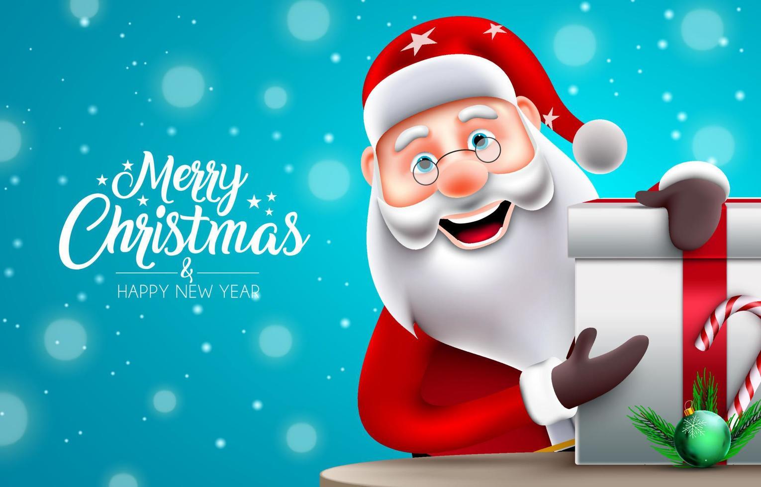 Christmas santa claus vector design. Merry christmas text with santa character giving and holding gift box in snowy background for xmas holiday celebration greeting. Vector illustration