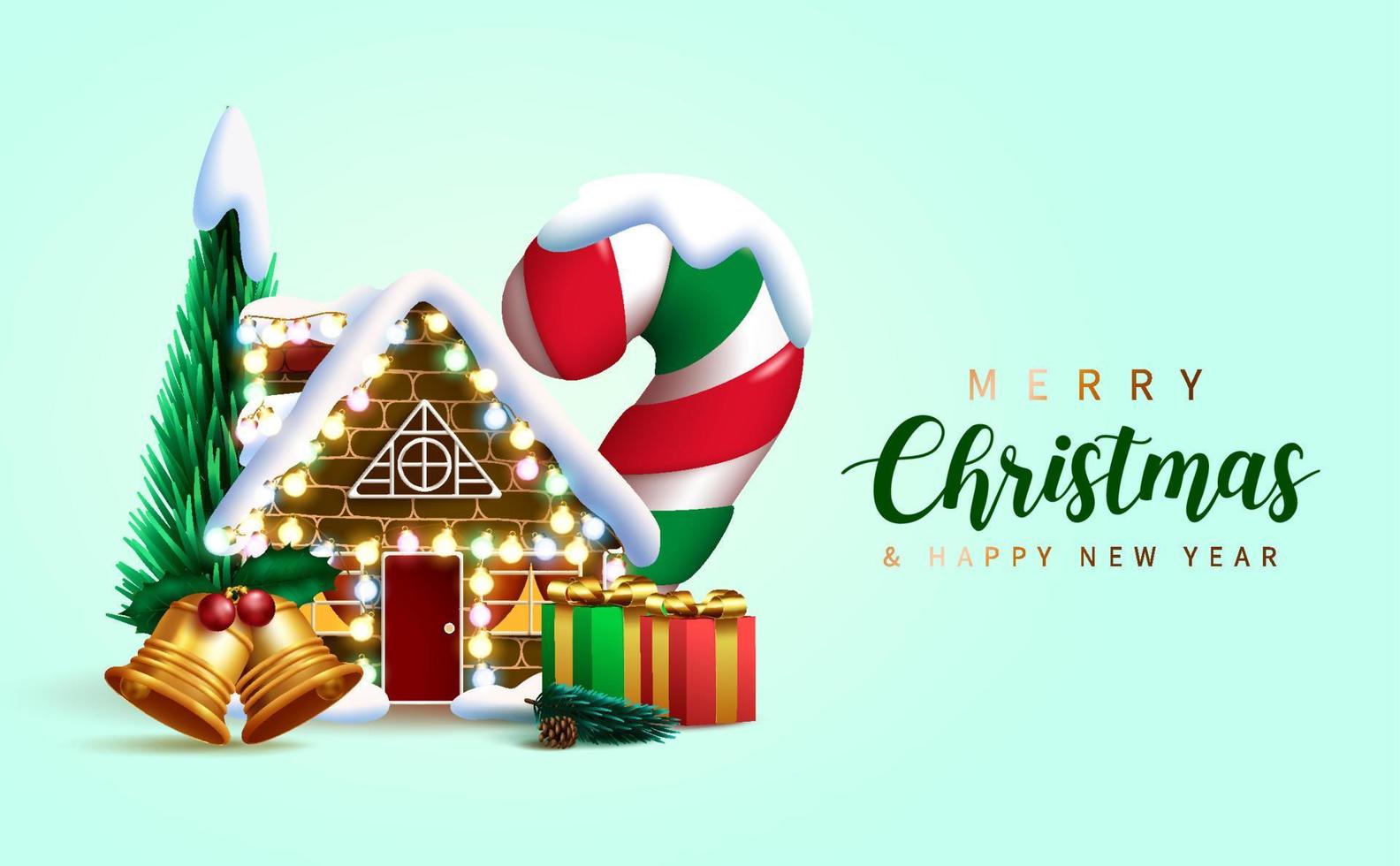 Christmas vector background design. Merry christmas greeting text with xmas miniature house, candy cane and pine tree elements for holiday season celebration. Vector illustration