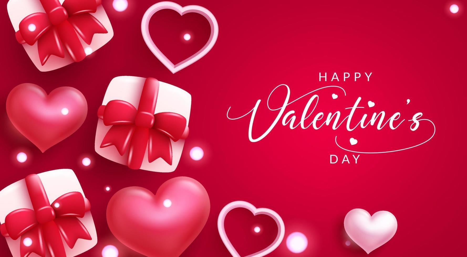 diseño de fondo de vector de feliz día de San Valentín. Feliz día de San Valentín texto tipográfico con lindos corazones y regalos elementos de amor para la decoración romántica de mensajes de felicitación de San Valentín. ilustración vectorial.