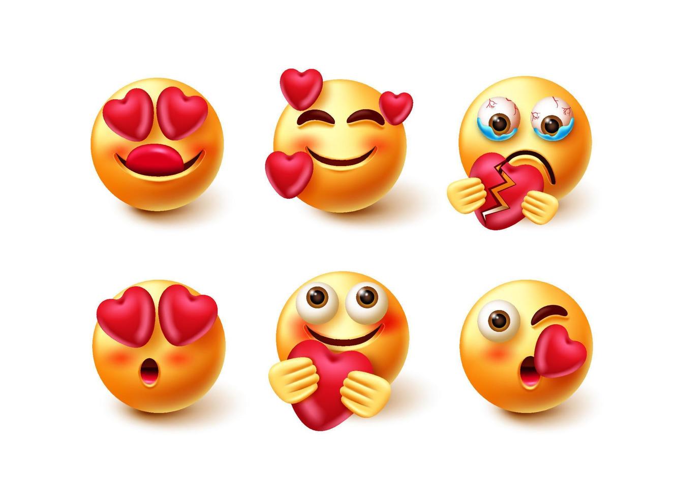 Emoticon in love emoji vector set. Emojis 3d character in love and broken expressions with pose like holding, crying and kissing for cute avatar collection design. Vector illustration