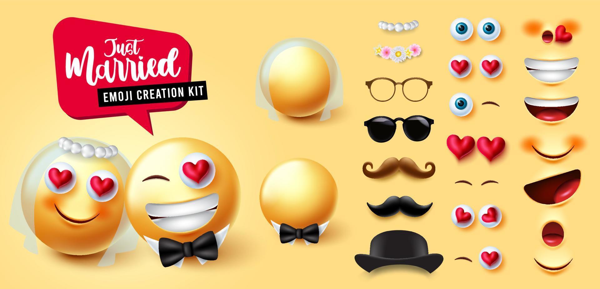 Emojis wedding creator vector set. 3d emojis character kit with married couple wearing veil and bow in editable face for lover emoticon husband and wife creation design. Vector illustration.