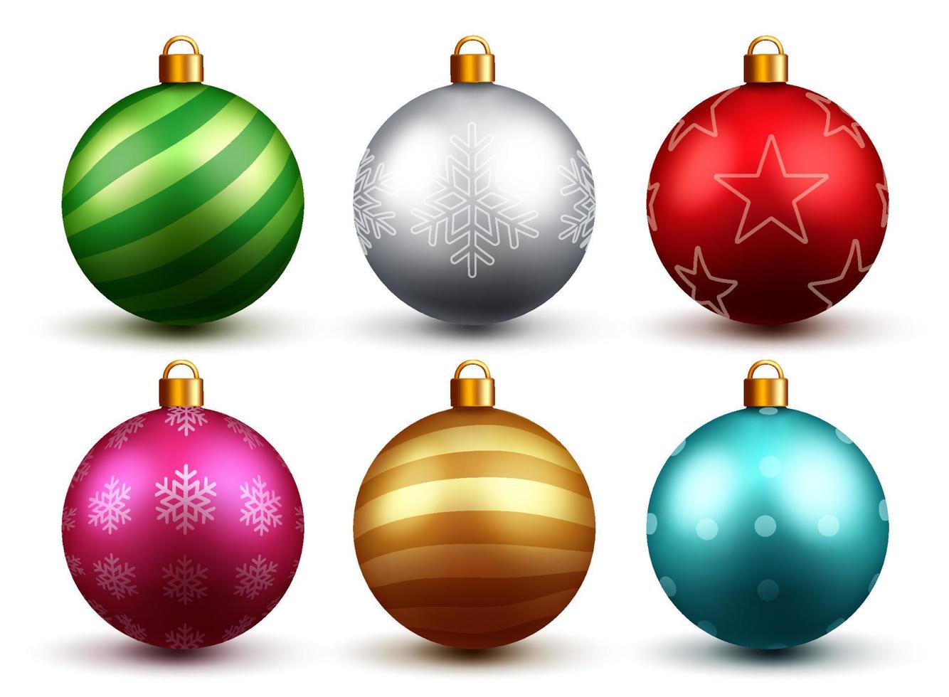 diseño de escenografía de vector de bolas de Navidad. Bola de Navidad realista 3d colorida con estampado de Navidad y patrones aislados en fondo blanco para decoración de adornos navideños. ilustración vectorial.