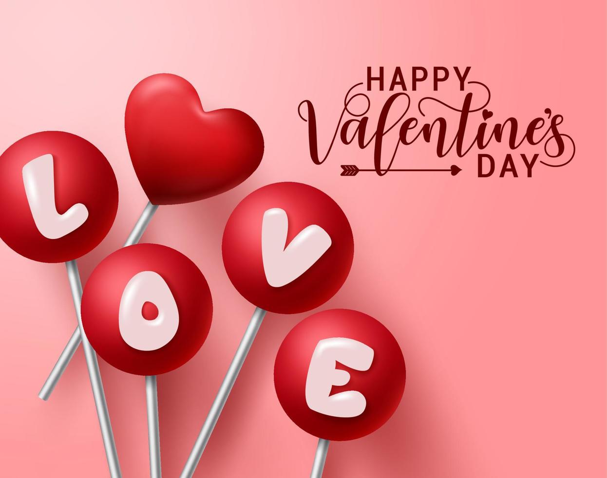 San Valentín aman el diseño de vectores de dulces. Feliz día de San Valentín texto de saludo con elementos de piruleta de dulces de San Valentín en coberturas de diseño de carta de amor con forma redonda y de corazón en fondo rojo.