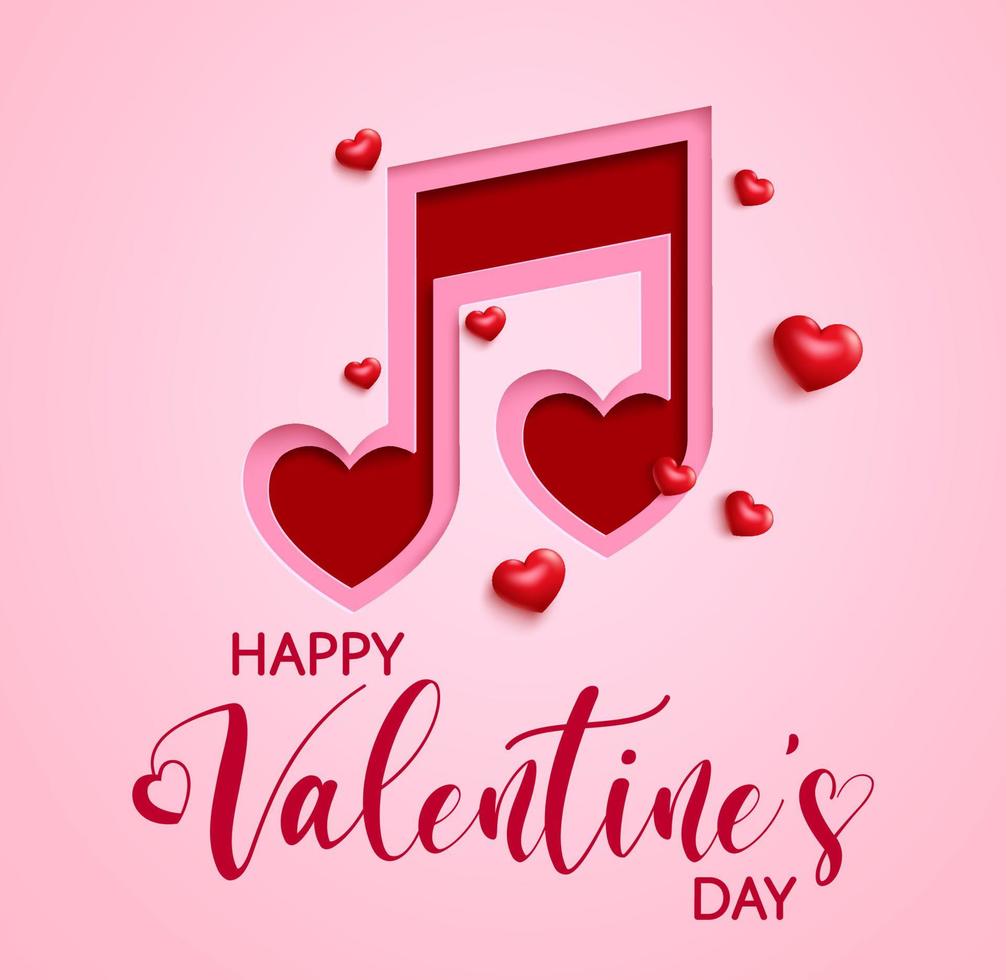 Fondo de banner de vector de nota musical de San Valentín. Texto de saludo de feliz día de San Valentín con elemento de corte de papel con forma de nota musical para el diseño de celebración de la canción de San Valentín. ilustración vectorial