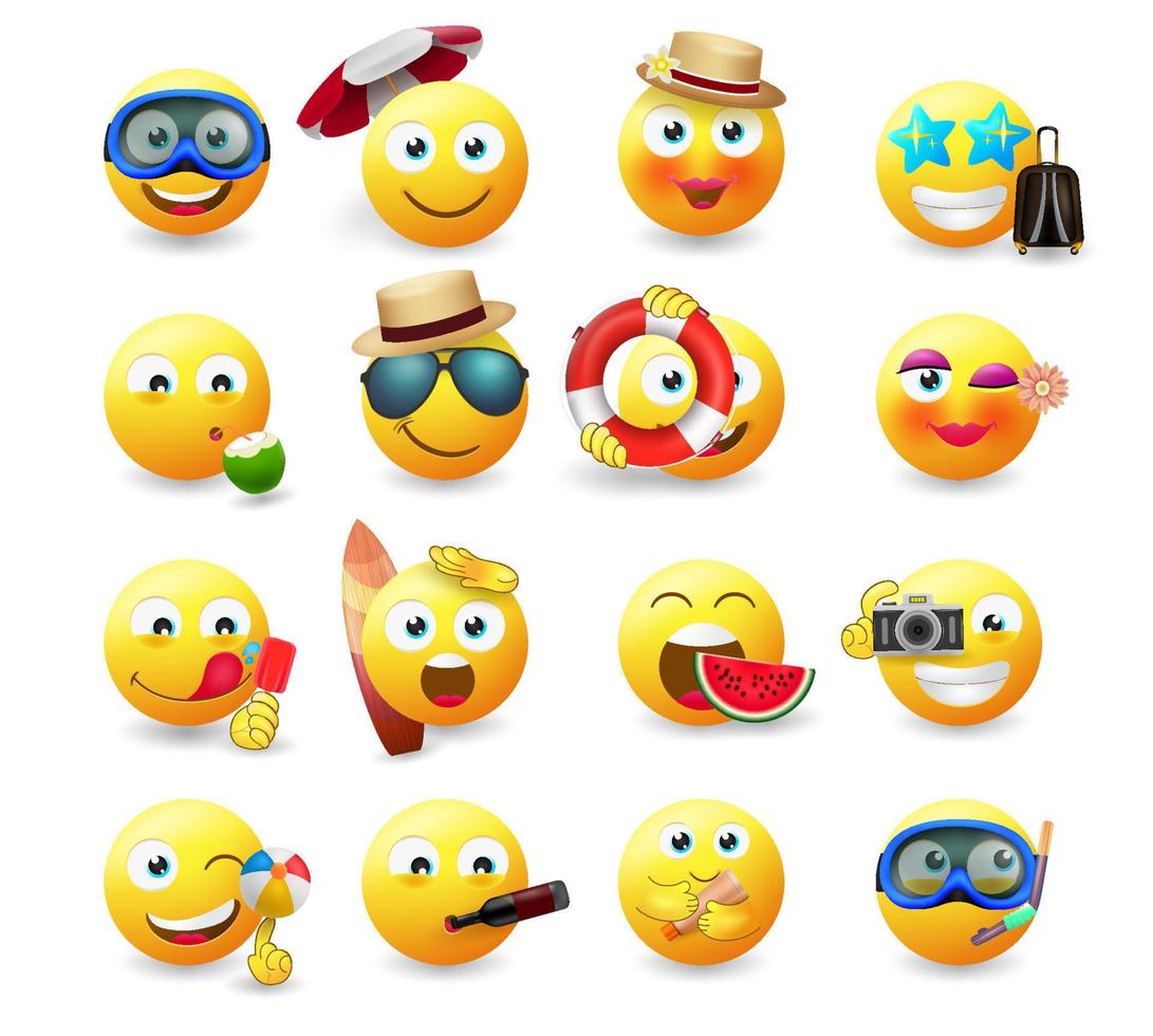 conjunto de vector de emoticonos de verano emoji. emoticonos en icono amarillo con elementos de playa y viajes de carácter de verano aislados en fondo blanco para el diseño de la colección de avatar. ilustración vectorial