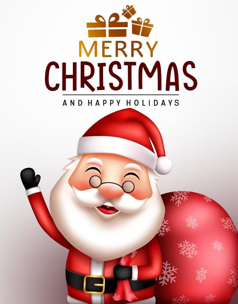 Merry christmas santa vector design. Merry christmas text with friendly and happy santa claus character waving and holding sack bag for xmas greeting poster card. Vector illustration.