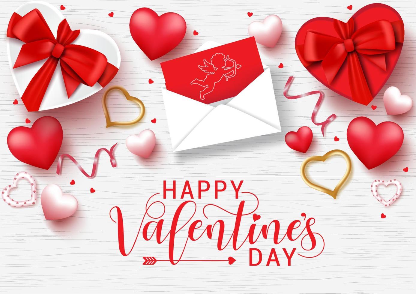 plantilla de fondo de vector de día de San Valentín. Feliz día de San Valentín saludo tipografía con elementos de San Valentín de carta, regalos, corazones y confeti en fondo de textura de madera blanca.